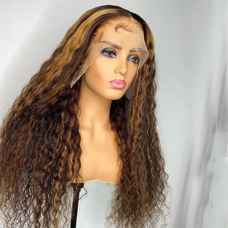 Full Vietnam Human Hair Deep Curly Brown Highlight Color Bleached Knots Transparent HD Lace Front Wigs