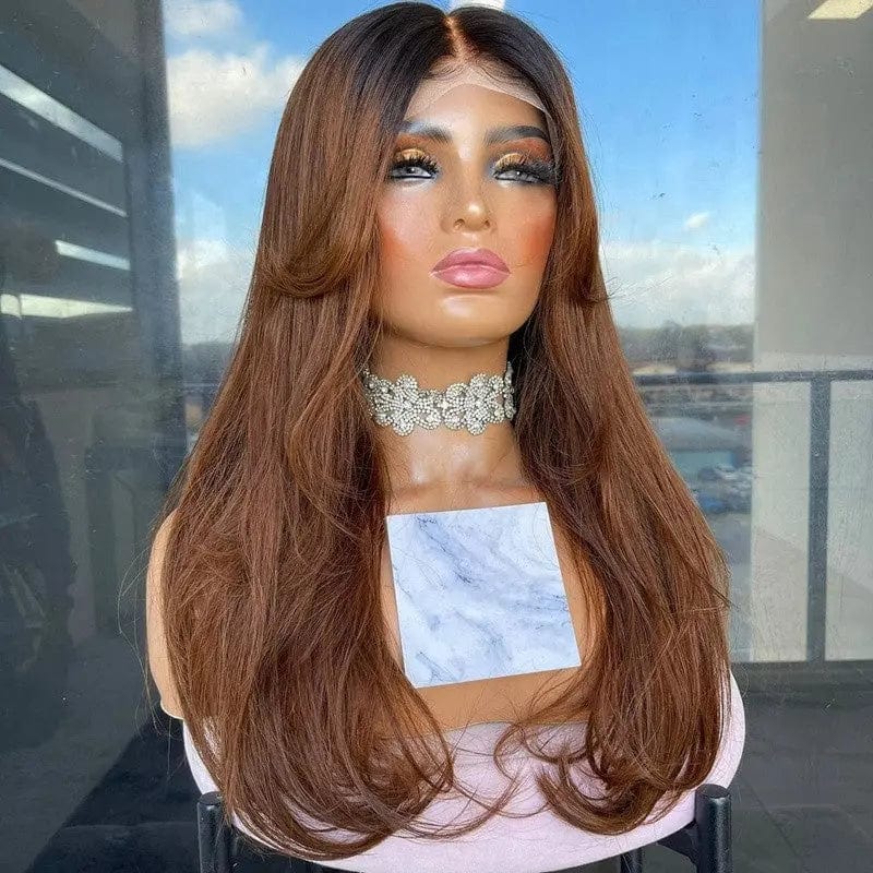 Full Virgin Glueless Brown Ombre Color Natural Wave Texture Pre Plucked Cuticle Aligned HD Lace Front Wigs