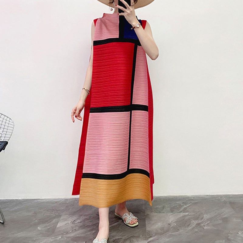 Getspring O Neck Sleeveless Casual Loose Oversized Spring New Ruched Patchwork Hit Color Dresses
