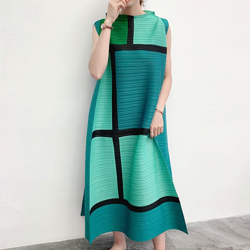 Getspring O Neck Sleeveless Casual Loose Oversized Spring New Ruched Patchwork Hit Color Dresses