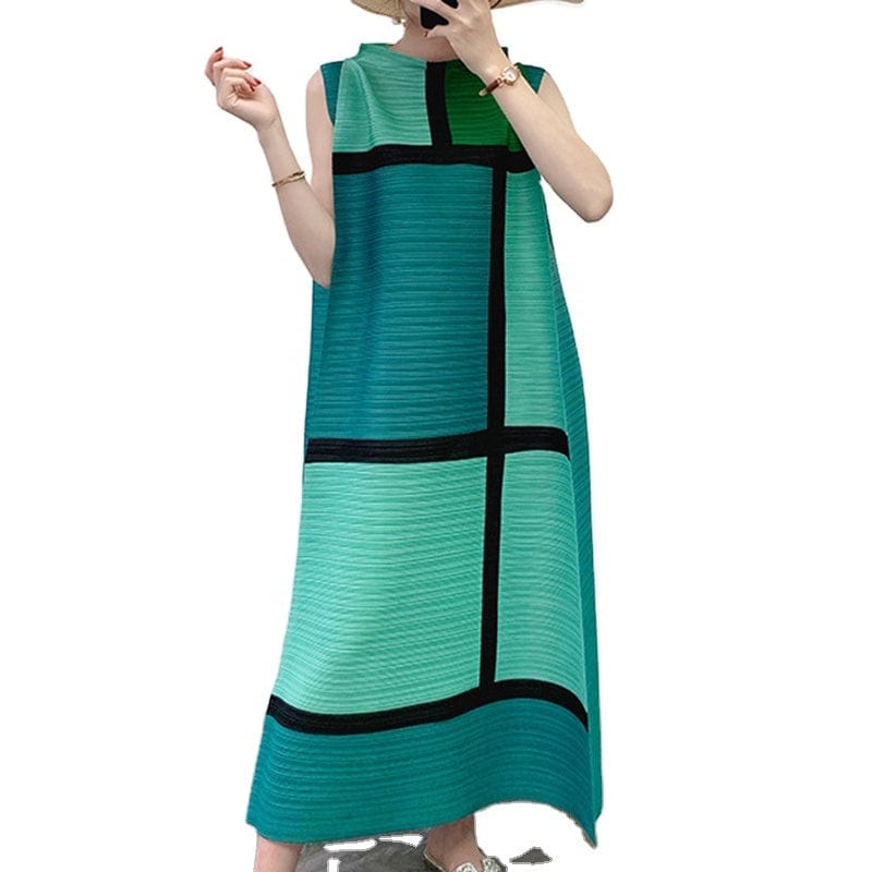 Getspring O Neck Sleeveless Casual Loose Oversized Spring New Ruched Patchwork Hit Color Dresses