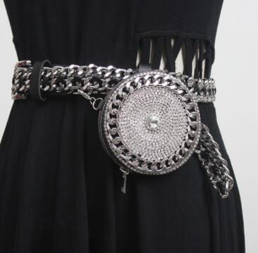 Getspring Women Bag Tassel Diamond Round Fanny Pack For Women Vintage Black PU Leather Women Waist Bag wholesale Chest Bags