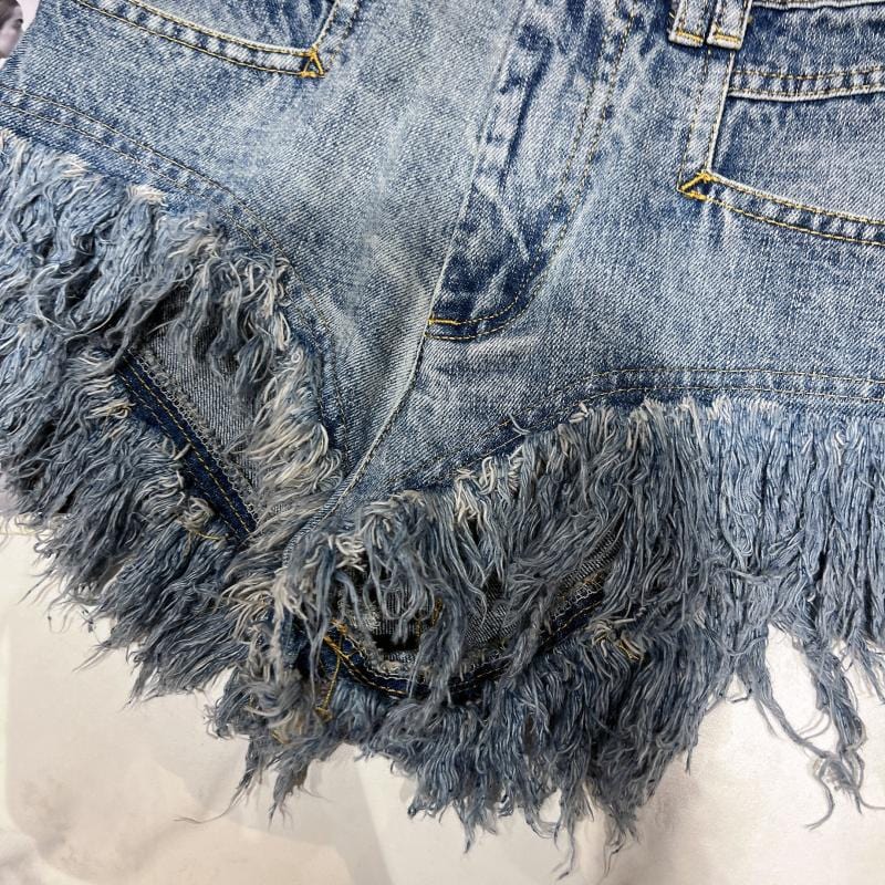 GetSpring Women Denim Shorts High Waist Tassel Ultra Short Sexy Jean Shorts All Match 2022 New Style Fashion Female Blue Shorts