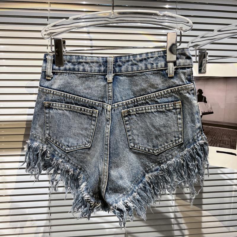GetSpring Women Denim Shorts High Waist Tassel Ultra Short Sexy Jean Shorts All Match 2022 New Style Fashion Female Blue Shorts