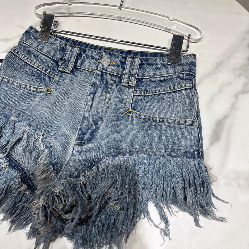 GetSpring Women Denim Shorts High Waist Tassel Ultra Short Sexy Jean Shorts All Match 2022 New Style Fashion Female Blue Shorts