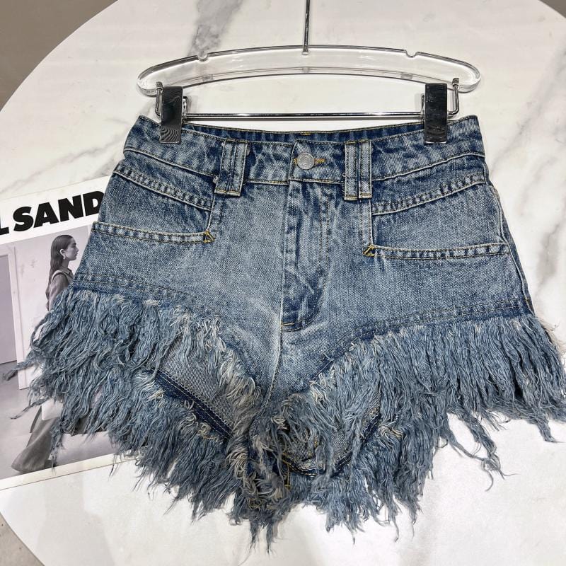 GetSpring Women Denim Shorts High Waist Tassel Ultra Short Sexy Jean Shorts All Match 2022 New Style Fashion Female Blue Shorts