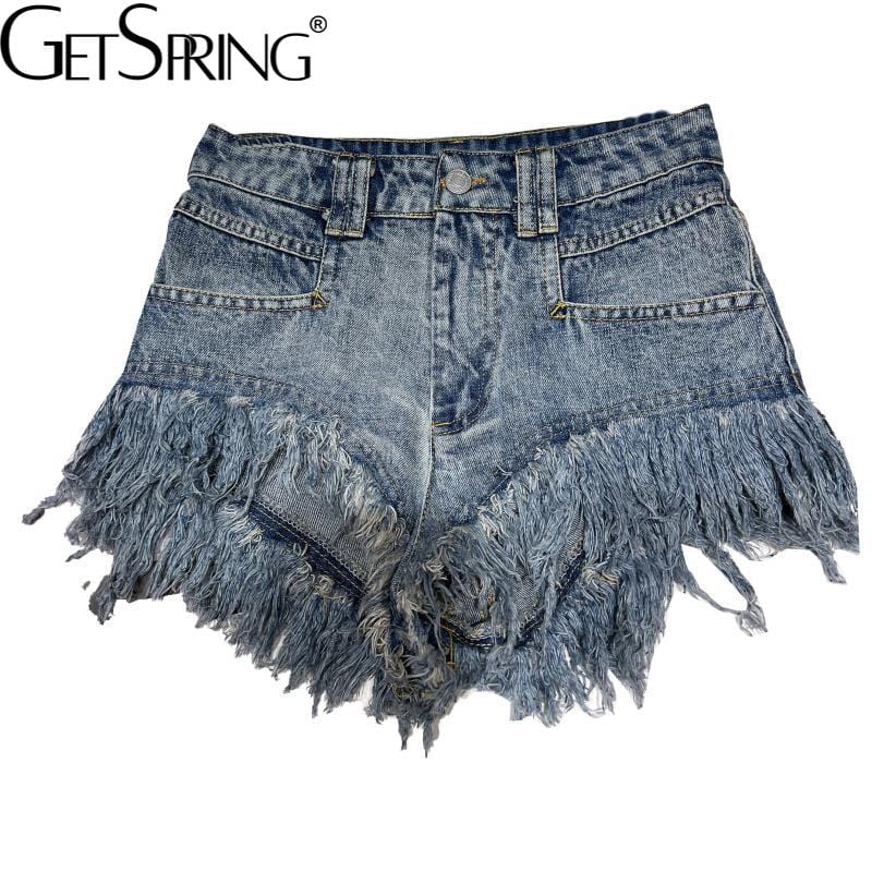 GetSpring Women Denim Shorts High Waist Tassel Ultra Short Sexy Jean Shorts All Match 2022 New Style Fashion Female Blue Shorts