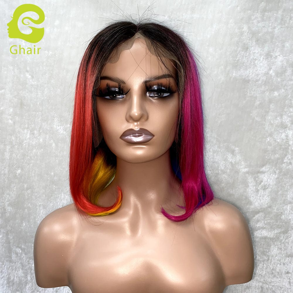 Ghair Rainbow New Style Wig Short Straight Bob Colorful Brazilian Virgin Human Hair Lace front Wigs