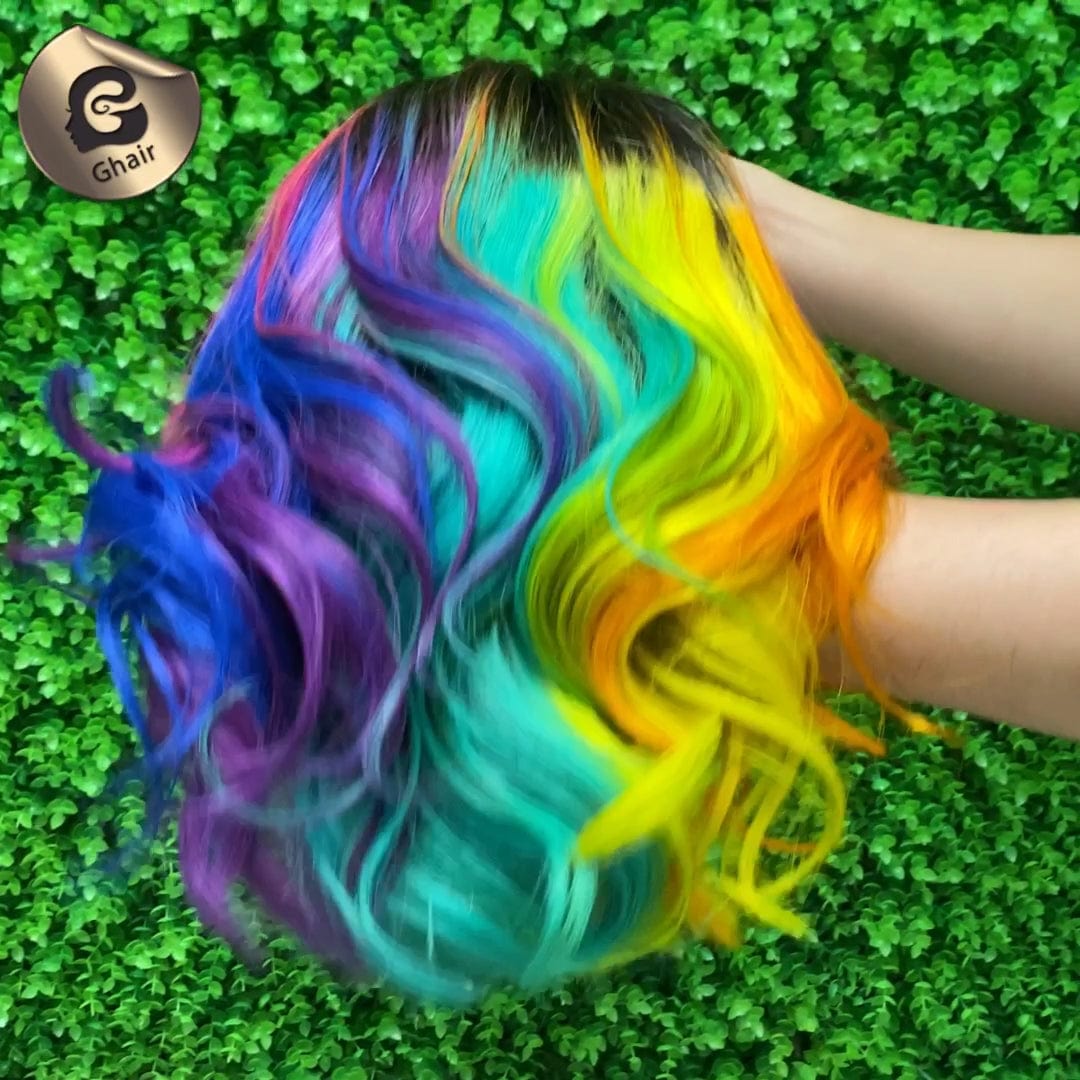 Ghair Rainbow New Style Wig Short Straight Bob Colorful Brazilian Virgin Human Hair Lace front Wigs