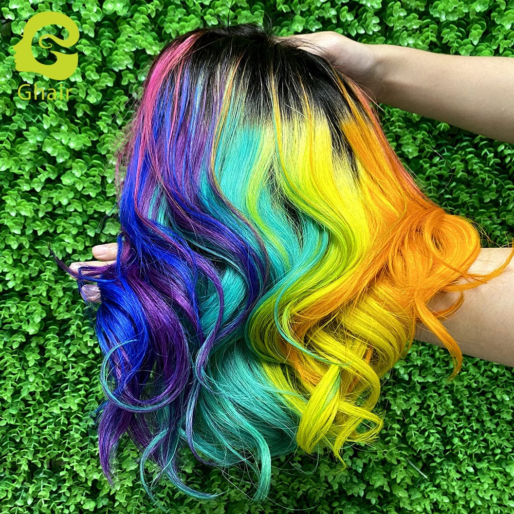 Ghair Rainbow New Style Wig Short Straight Bob Colorful Brazilian Virgin Human Hair Lace front Wigs