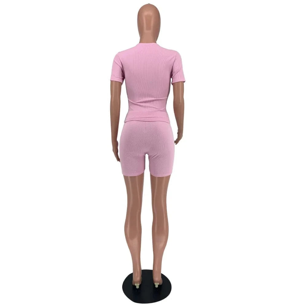 Girl Summer Casual Sweat Ribbed Two Piece Short Set Women Clothing Zip Up Outfits Sexy Ladies Biker Shorts 2 Piece Outfits