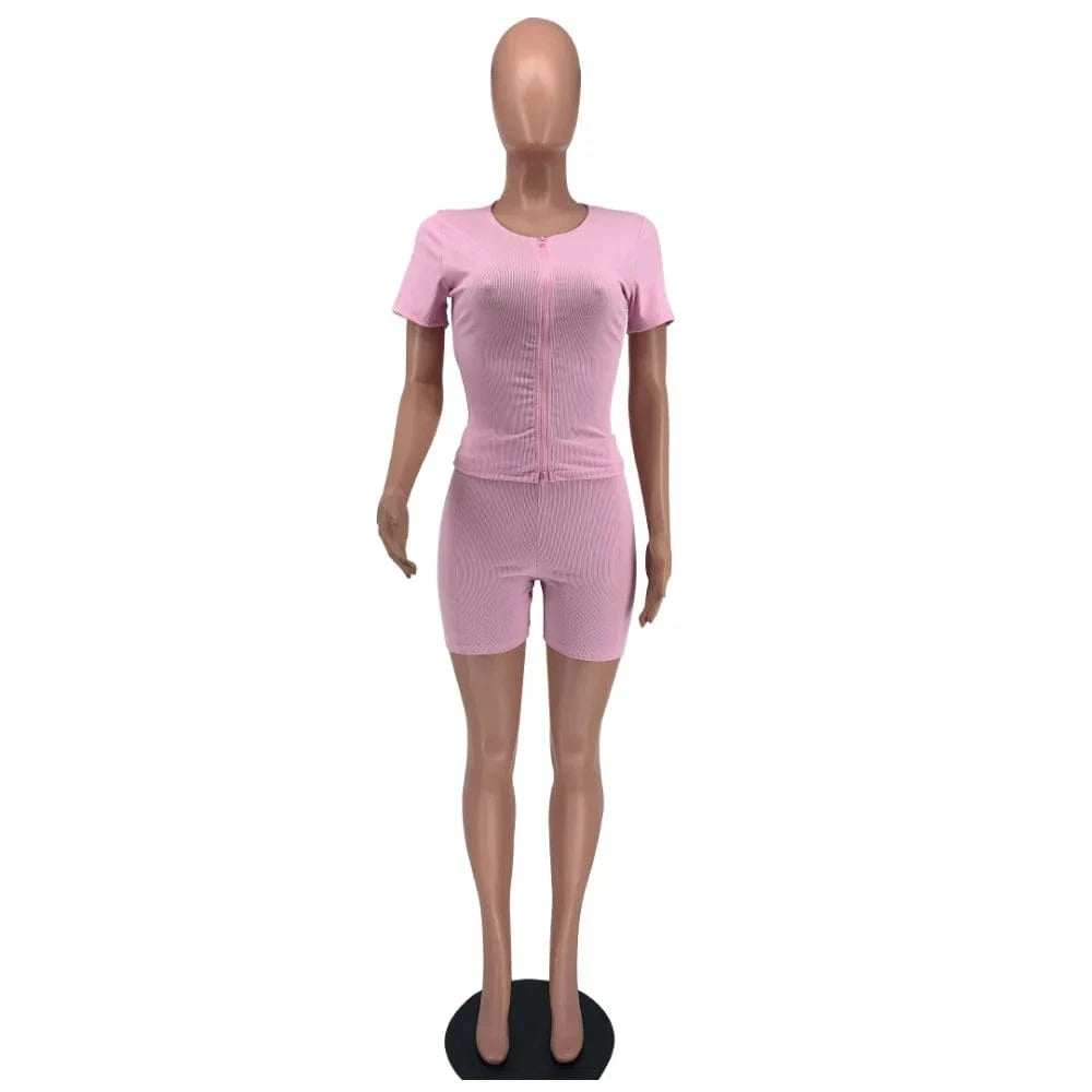 Girl Summer Casual Sweat Ribbed Two Piece Short Set Women Clothing Zip Up Outfits Sexy Ladies Biker Shorts 2 Piece Outfits