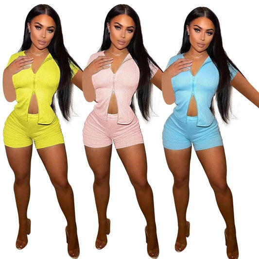 Girl Summer Casual Sweat Ribbed Two Piece Short Set Women Clothing Zip Up Outfits Sexy Ladies Biker Shorts 2 Piece Outfits