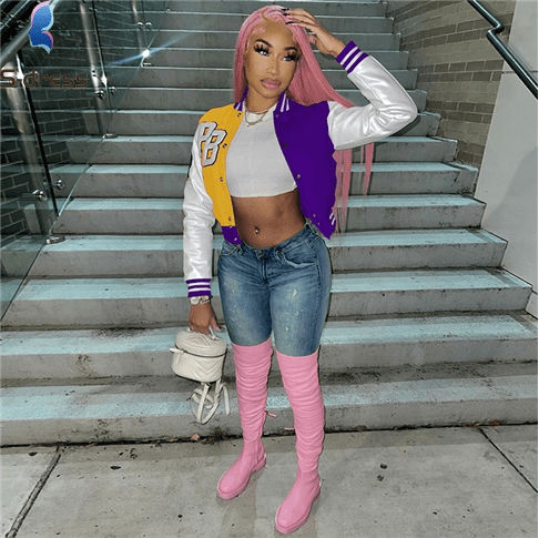 Girls' Ladies Trendy Fashion Crop Baseball Coats Women Fall Clothing Biker Jackets Winter Jacket Trench Coats T5247