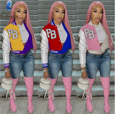 Girls' Ladies Trendy Fashion Crop Baseball Coats Women Fall Clothing Biker Jackets Winter Jacket Trench Coats T5247