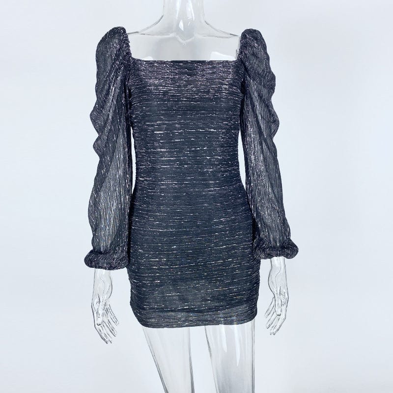 Glitter Dress 2023 Fashion Bubble Sleeve Square Neck French Long Sleeve Slide Silk Celebrity Bodysuit Dress Elegant Party Wear