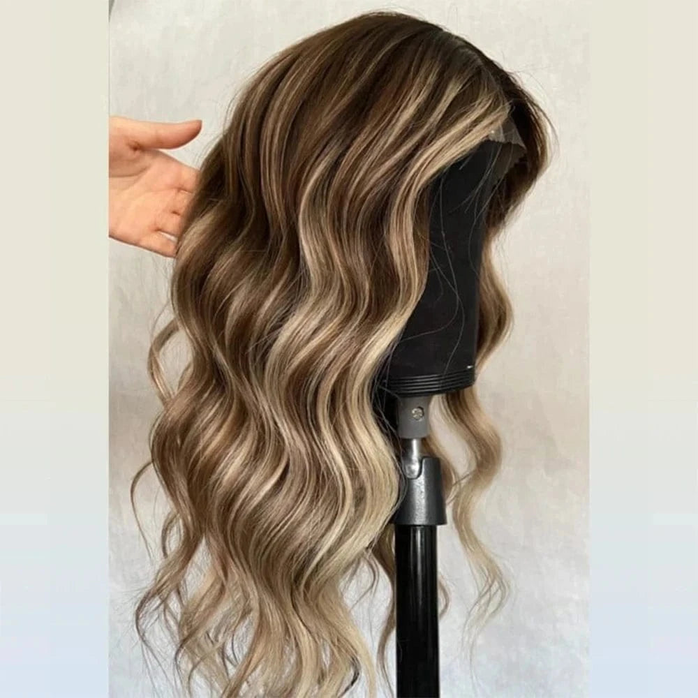 Glueless 250% Density Ash Brown Highlight Body Wave Full Virgin European Cuticle Hair Transparent HD Lace Front Wigs