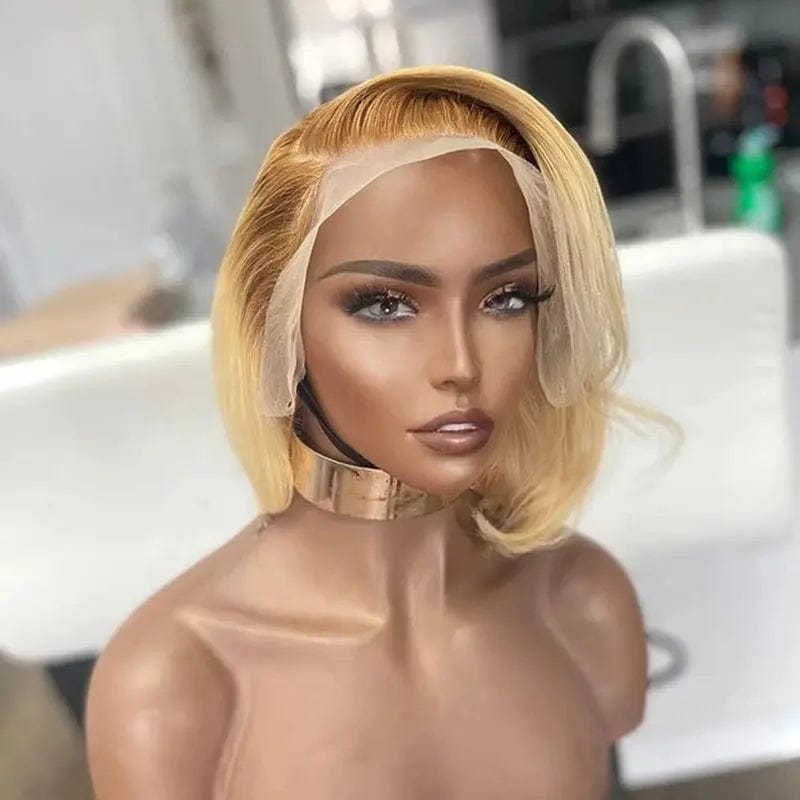 Glueless #613 Honey Brown Ombre Color Short Bob Wig Virgin Cuticle Aligned Brazilian Hair HD Lace Front Wigs