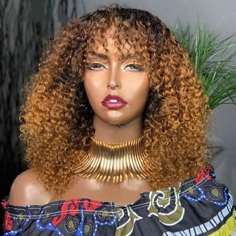 Glueless Afro Kinky Curly Brown Ombre Color Pre Plucked Vietnam Human Hair Cuticle Aligned Lace Front Wigs