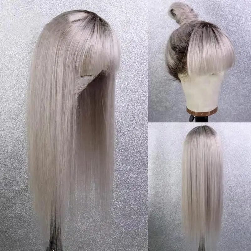 Glueless Bone Straight Human Hair Platinum Blonde Ombre Color Wig Full Virgin Brazilian HD Lace Front Wigs