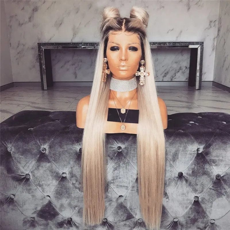 Glueless Bone Straight Human Hair Platinum Blonde Ombre Color Wig Full Virgin Brazilian HD Lace Front Wigs