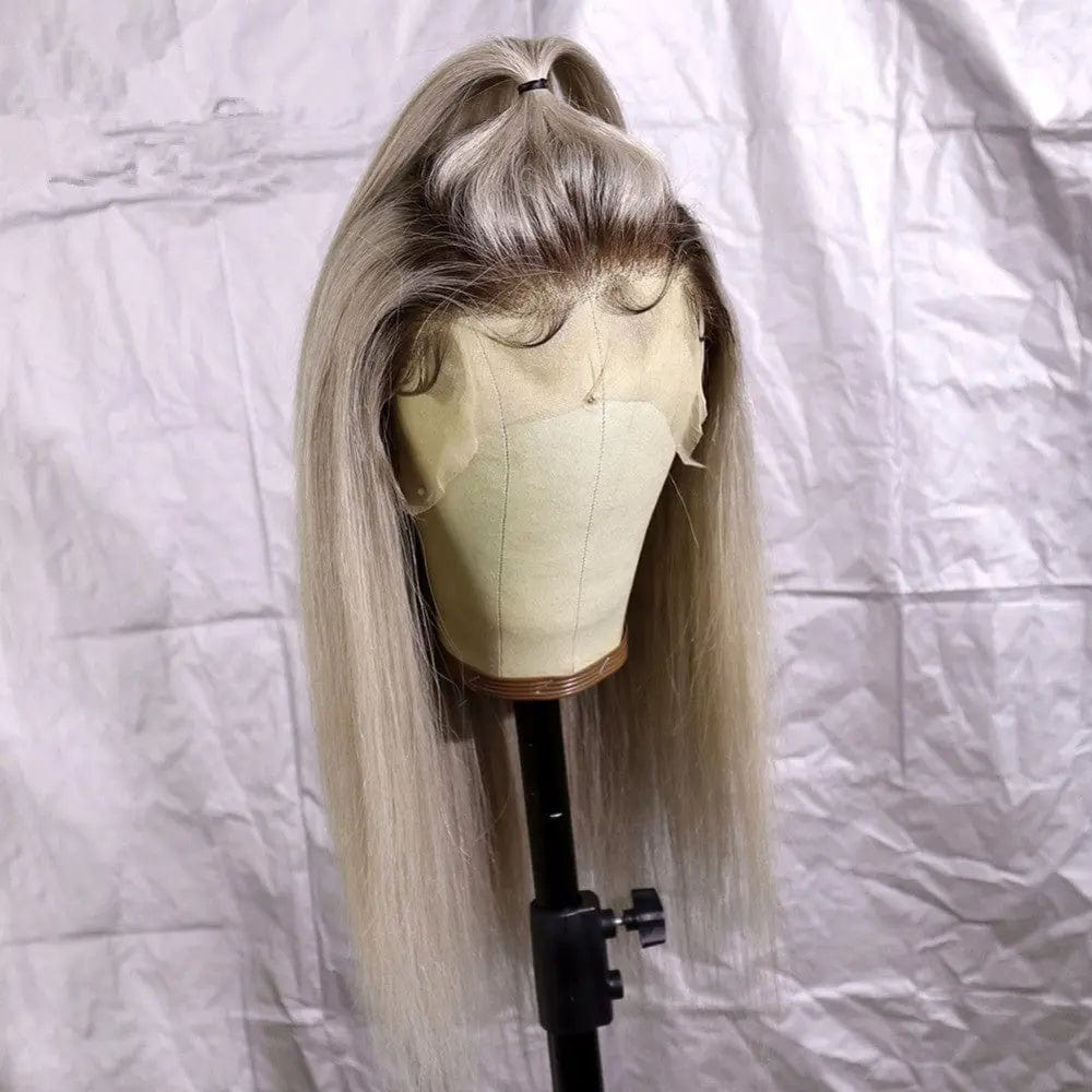 Glueless Bone Straight Human Hair Platinum Blonde Ombre Color Wig Full Virgin Brazilian HD Lace Front Wigs