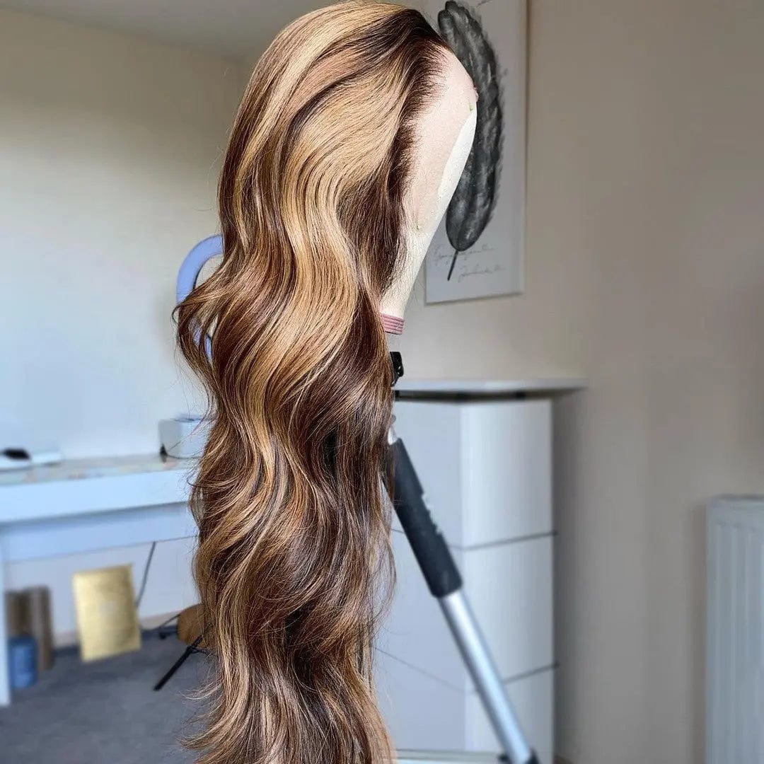 Glueless Brown Highlight Color Water Wave Wig Cuticle Aligned Pre Plucked With Baby Hair Lace Front Wig