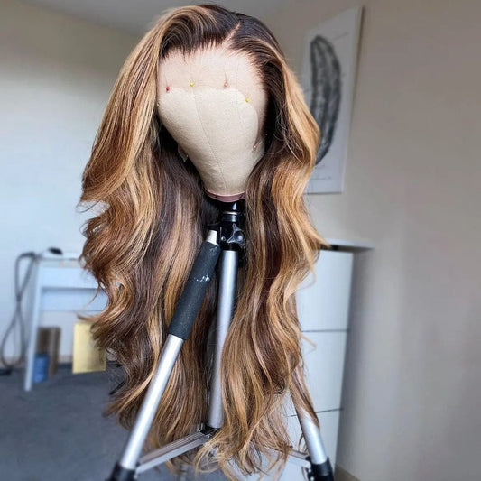 Glueless Brown Highlight Color Water Wave Wig Cuticle Aligned Pre Plucked With Baby Hair Lace Front Wig