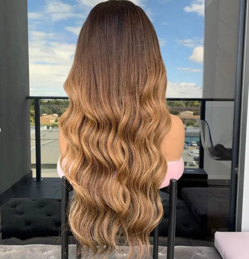 Glueless Brown Ombre Color Ocean Wave Wig Pre Plucked Natural Hairline Bleached Knots Vietnam Hair Lace Front Wigs