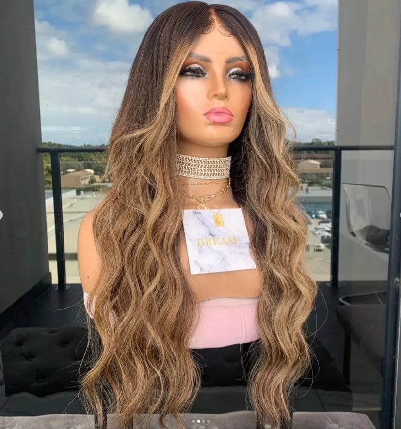 Glueless Brown Ombre Color Ocean Wave Wig Pre Plucked Natural Hairline Bleached Knots Vietnam Hair Lace Front Wigs