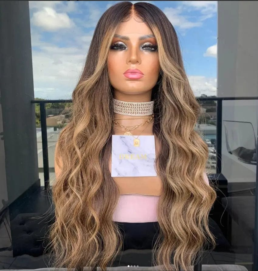 Glueless Brown Ombre Color Ocean Wave Wig Pre Plucked Natural Hairline Bleached Knots Vietnam Hair Lace Front Wigs