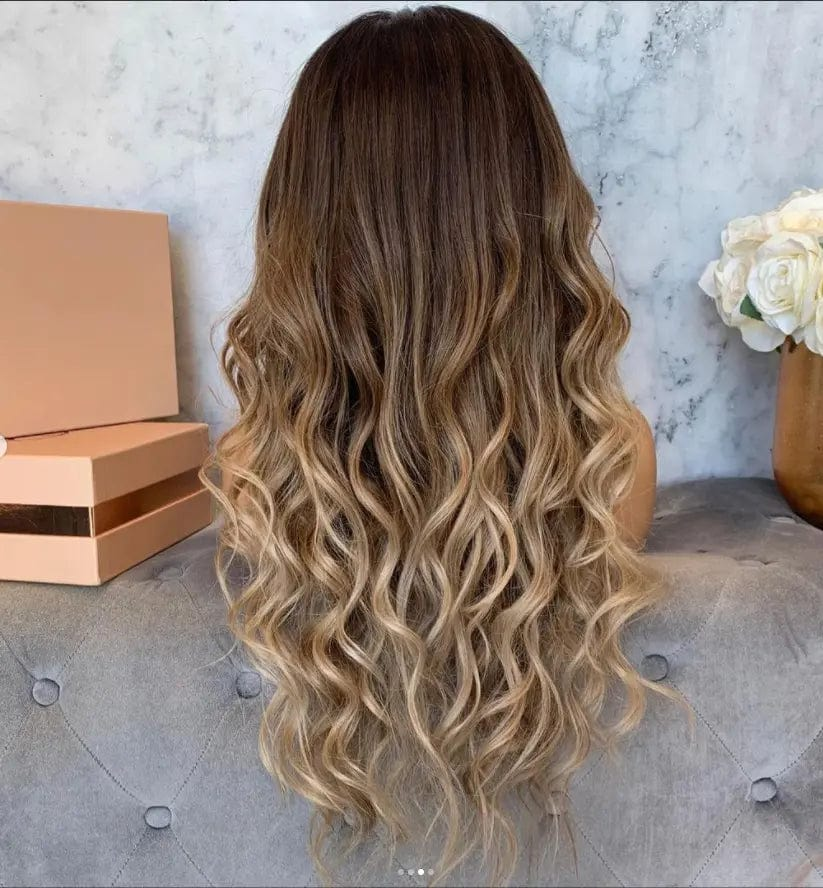 Glueless Brown Ombre Color Ocean Wave Wig Pre Plucked Natural Hairline Bleached Knots Vietnam Hair Lace Front Wigs