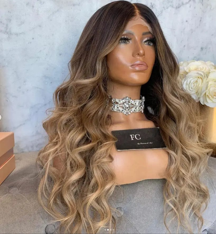 Glueless Brown Ombre Color Ocean Wave Wig Pre Plucked Natural Hairline Bleached Knots Vietnam Hair Lace Front Wigs
