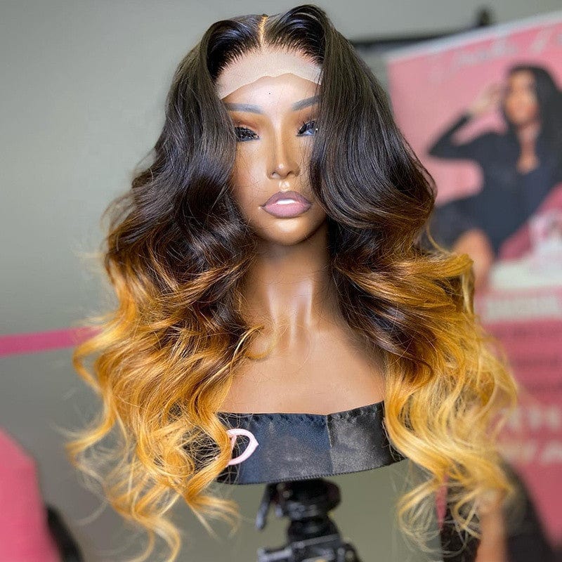 Glueless Cuticle Aligned Natural Black Brown Highlight Color Body Wave Pre Plucked Burmese Hair Lace Front Wig