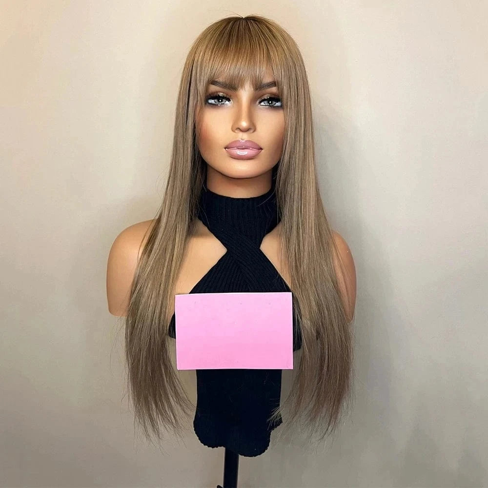 Glueless Middle Part Ash Brown Color Long Straight Virgin European Cuticle Aligned Human Hair Swiss Lace Front Wigs With Bang