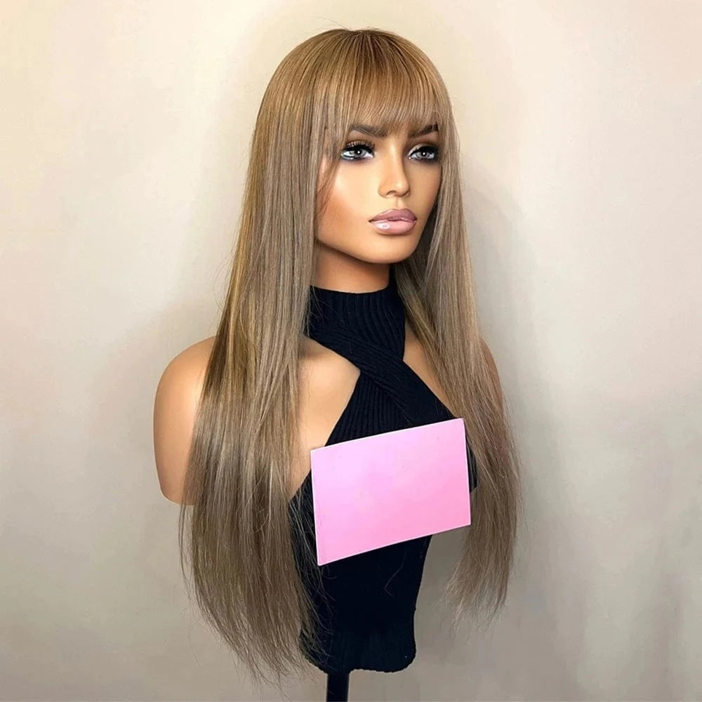 Glueless Middle Part Ash Brown Color Long Straight Virgin European Cuticle Aligned Human Hair Swiss Lace Front Wigs With Bang