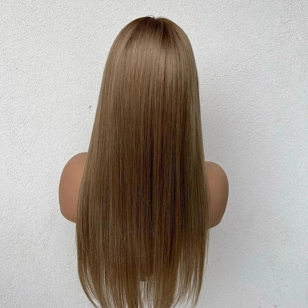 Glueless Middle Part Ash Brown Color Long Straight Virgin European Cuticle Aligned Human Hair Swiss Lace Front Wigs With Bang
