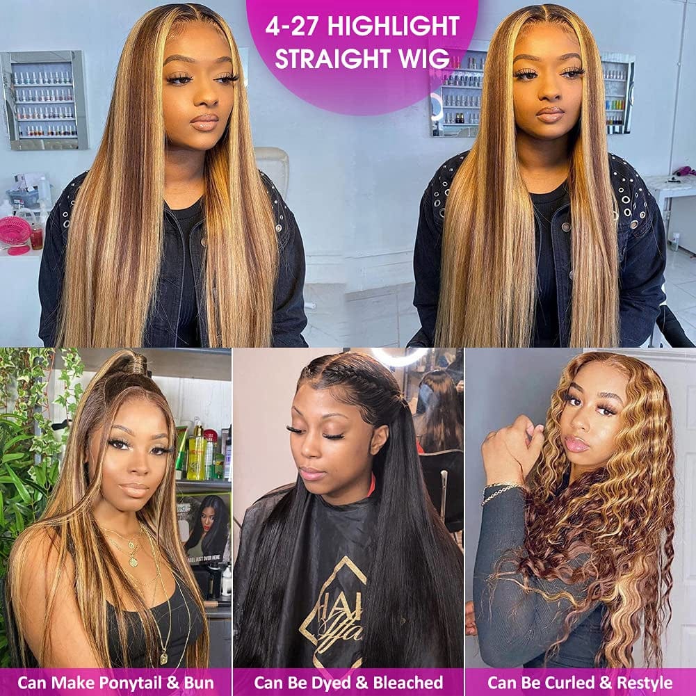 Glueless Pre Plucked Lace Highlight T-part Bob Wig,P427 Color Hd Transparent Swiss Lace front Human Hair Wig Highlight Staight