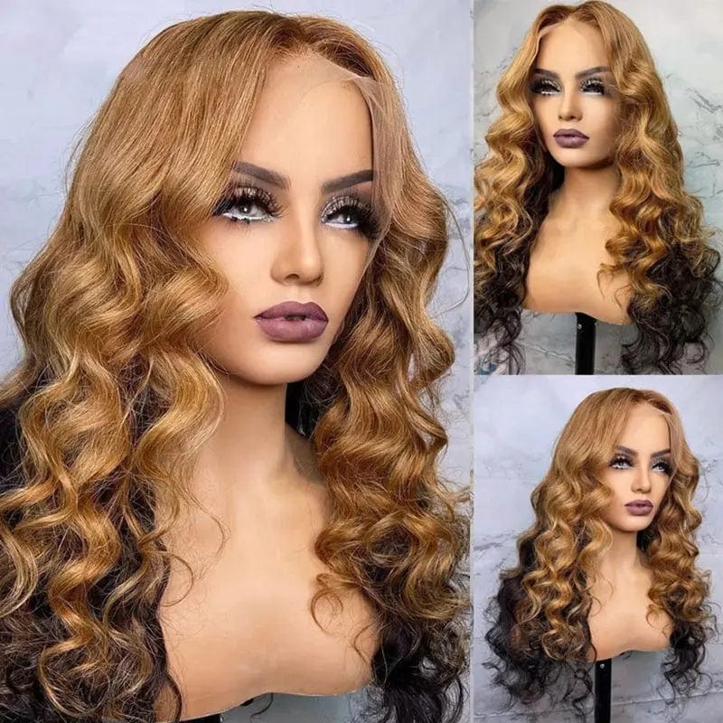 Glueless Virgin Brazilian Human Hair Brown Ombre Color Wig Water Wave Texture Cuticle Aligned Lace Front Wigs