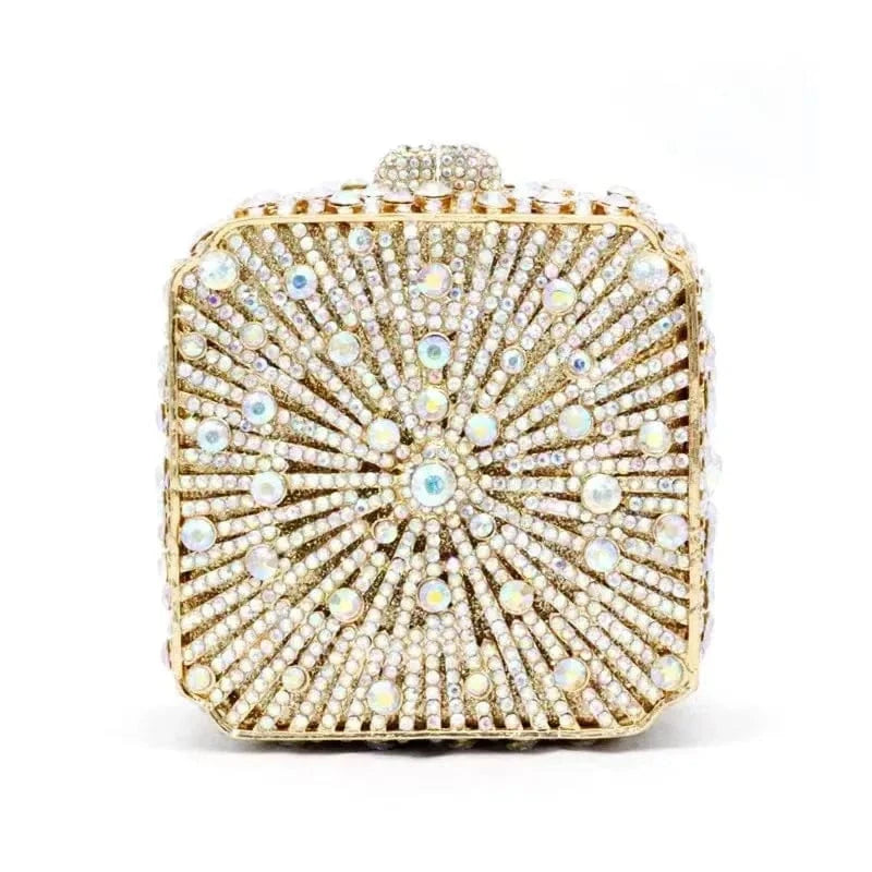 Gold AB Luxury sparkle square shape rhinestone bridal clutch evening bag handbag green crystal diamond purse for women