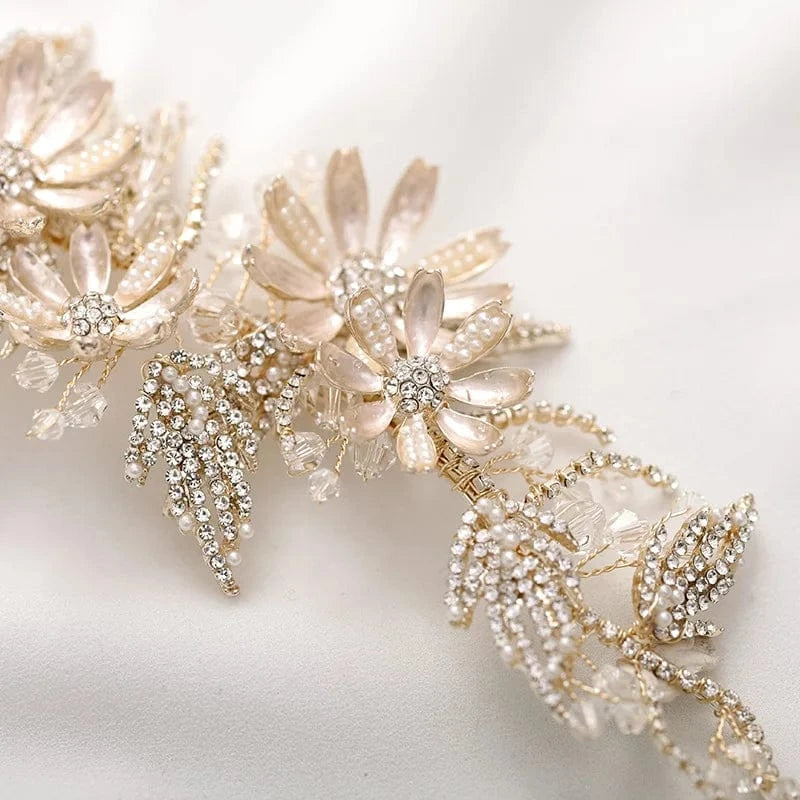 Gold Bridal Gold Wired Rhinestone Pearl Beads Leaf Flower Headbands for Women Wedding Hair Accessories
