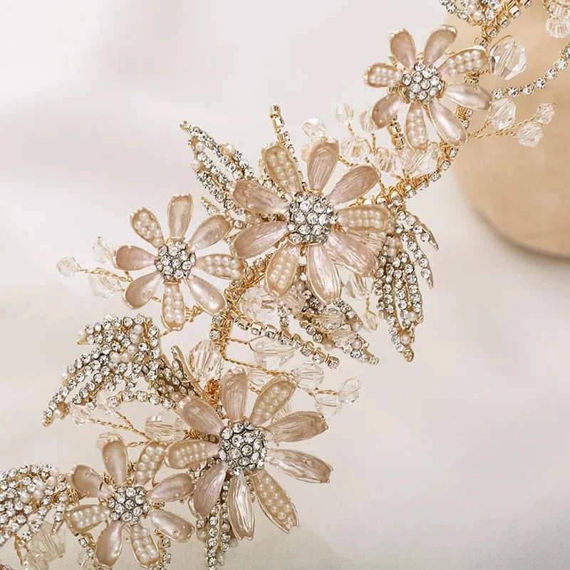 Gold Bridal Gold Wired Rhinestone Pearl Beads Leaf Flower Headbands for Women Wedding Hair Accessories