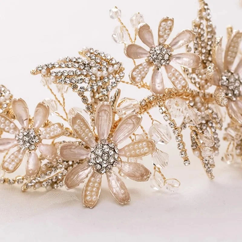 Gold Bridal Gold Wired Rhinestone Pearl Beads Leaf Flower Headbands for Women Wedding Hair Accessories
