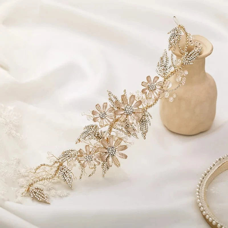 Gold Bridal Gold Wired Rhinestone Pearl Beads Leaf Flower Headbands for Women Wedding Hair Accessories