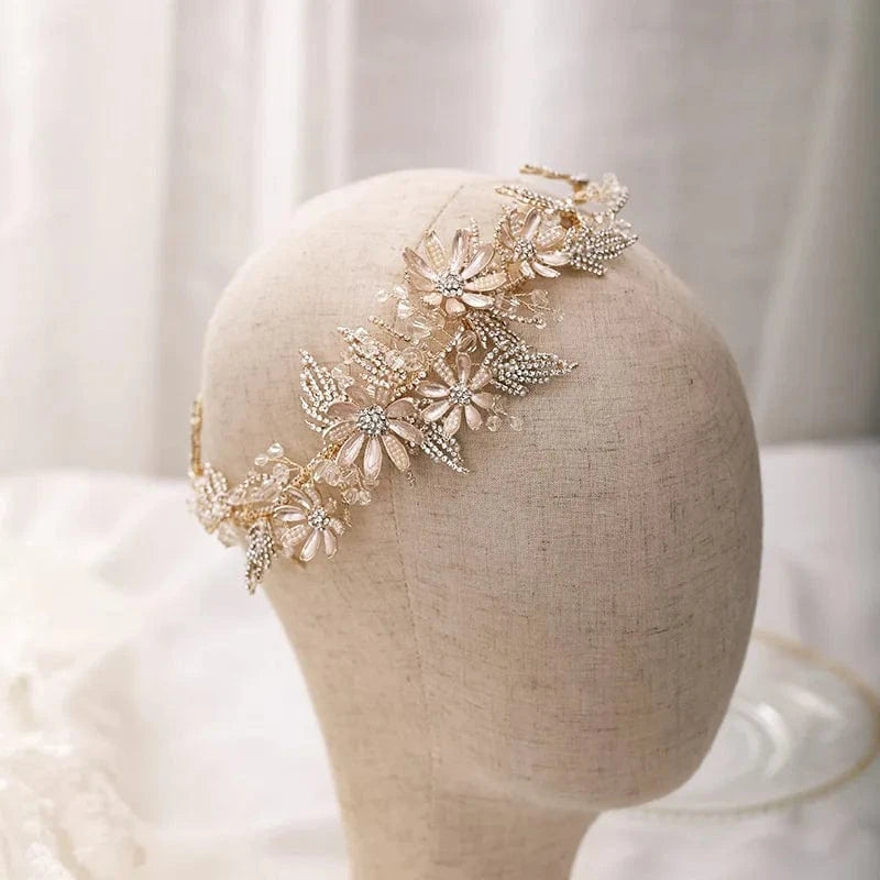 Gold Bridal Gold Wired Rhinestone Pearl Beads Leaf Flower Headbands for Women Wedding Hair Accessories