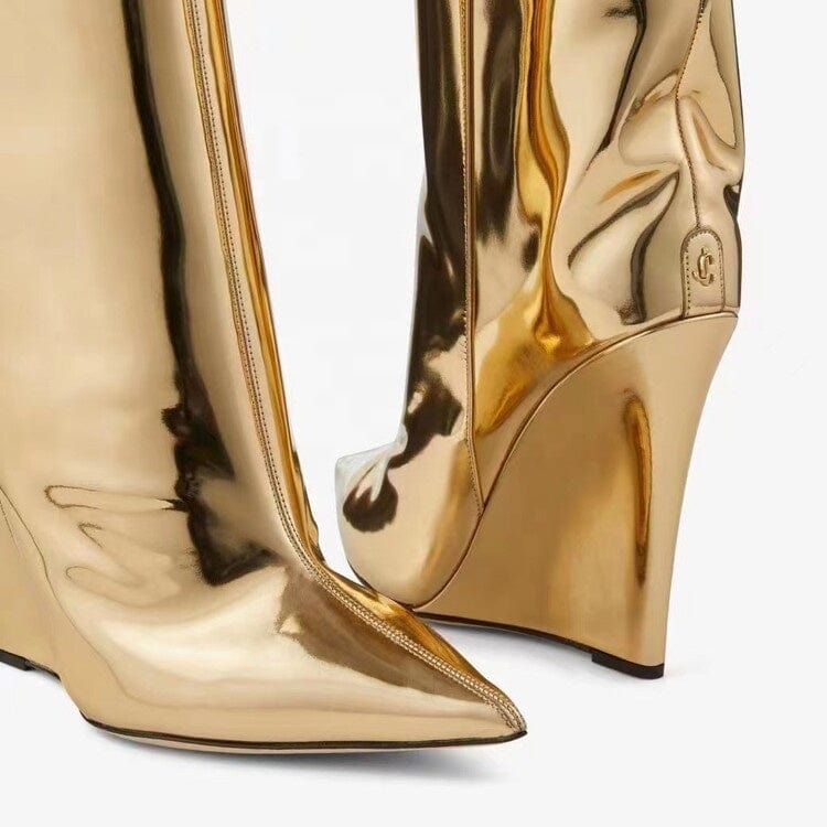 Gold Color High Heel Fashion Boots Luxury Winter Season Sexy Pointed Toe Footwear Handmade High Quality Slip-on Knee High Boots