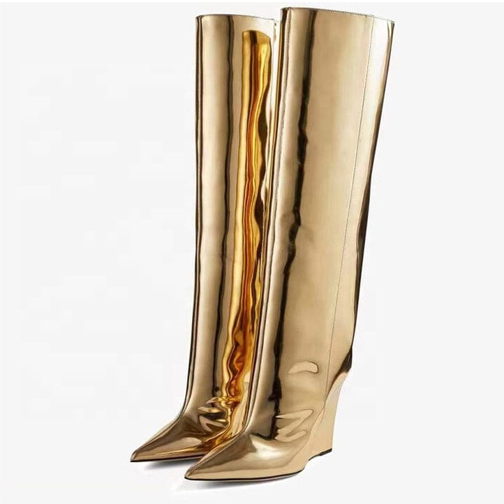 Gold Color High Heel Fashion Boots Luxury Winter Season Sexy Pointed Toe Footwear Handmade High Quality Slip-on Knee High Boots