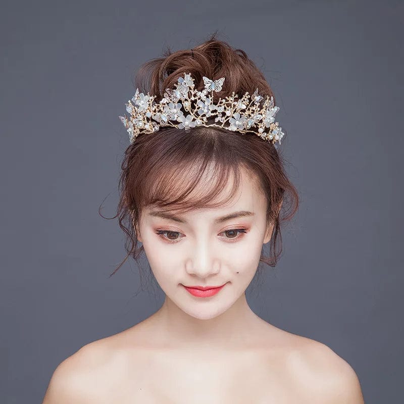 Gold Crown Butterfly Flower Headdress Baroque Crown Headband Gold Wedding Accessories