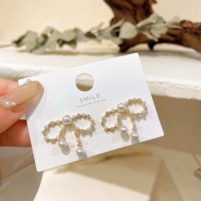 Gold New Trendy Design Crystal Stud Earrings for Women Gold Color Sweet Bow Pearl Earrings Party Gift Drop Shipping