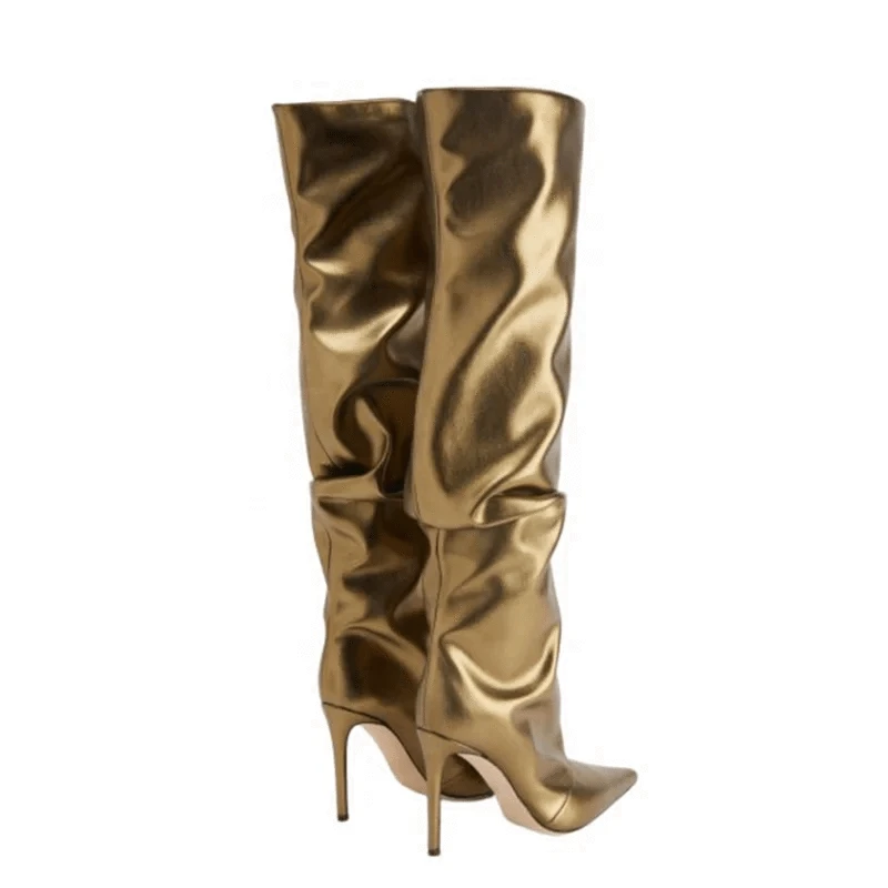 Gold Pleated Upper Slip on Shoes High Thin Heels Pointed Toe Slouchy Long Boots Women's Knee High Booties